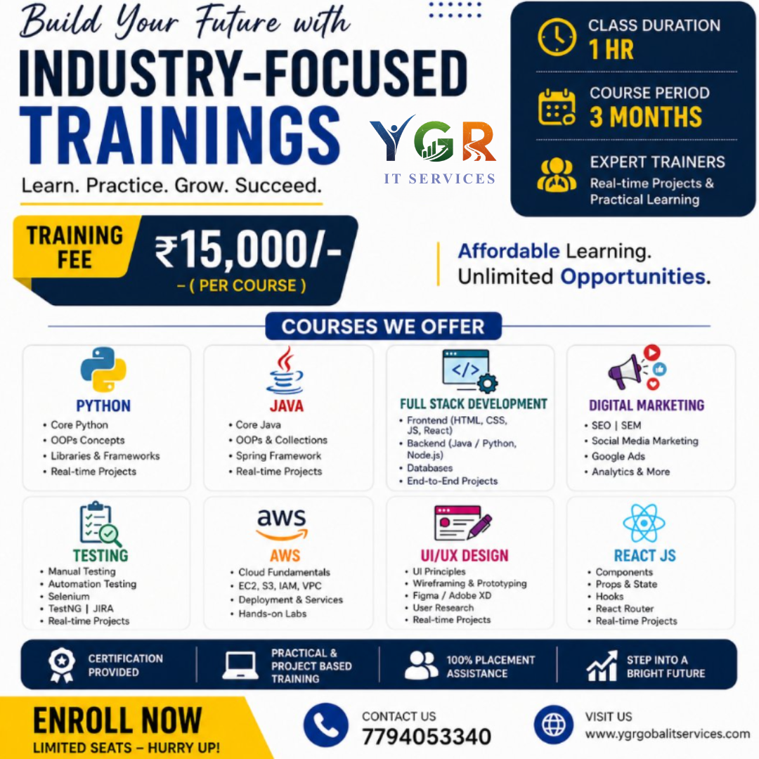 Complete IT Training Courses at YGR Gobal IT Services – Learn In-Demand Skills for a Successful Career.